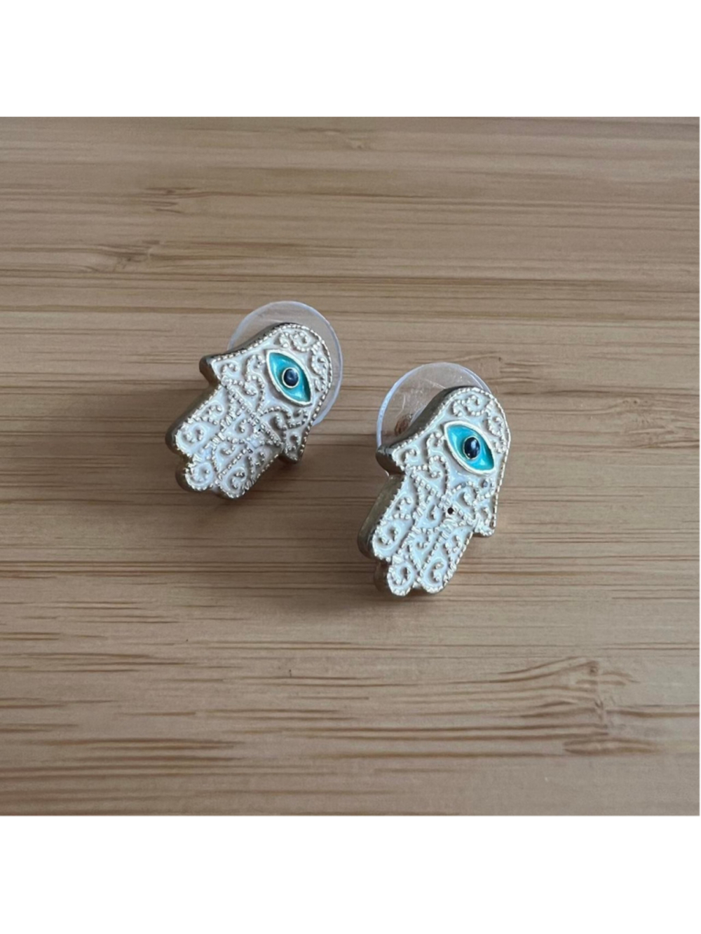 Gold, white and blue Hamsa stud earrings